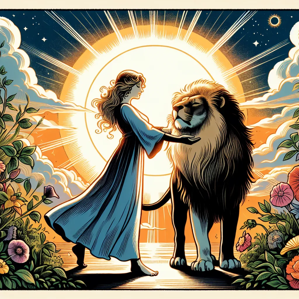 Create an illustration of the Strength tarot card showing a serene woman gently taming a majestic lion beneath a bright, warm sky. The woman embodies calmness, inner strength, and grace, representing the stoic balance between emotion and reason. The scene is lush with vibrant greenery to symbolize growth and harmony, capturing the essence of gentle mastery and courage.
