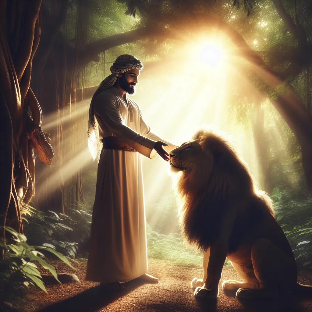 A serene Middle-Eastern male figure gently taming a majestic lion in a lush natural setting. The figure radiates calmness and inner strength, with warm sunlight filtering through the trees creating an enchanting backlight. The scene embodies the harmony of nature and resilience, capturing the essence of inner power balanced with compassion and courage.