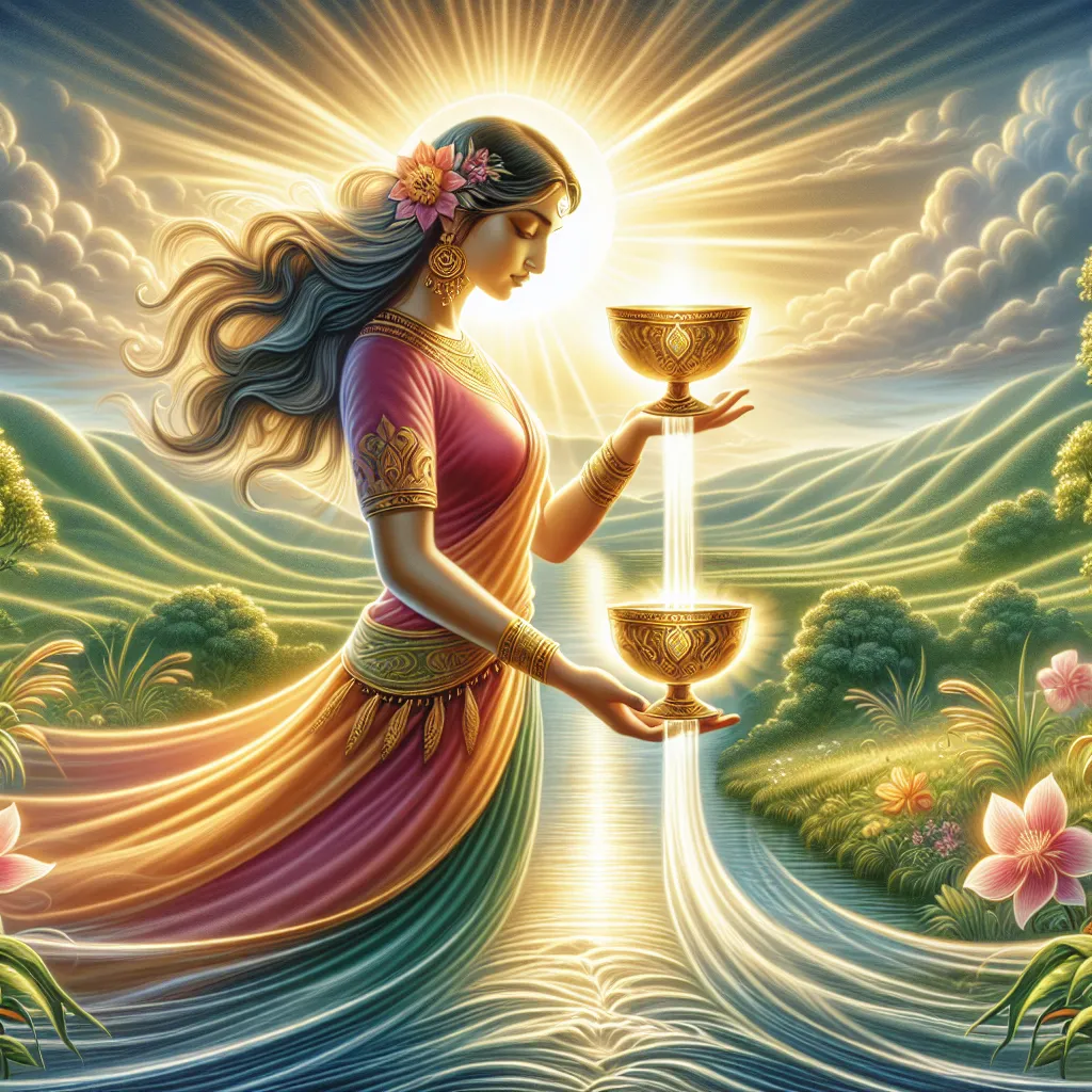 An image depicting a serene scene featuring an anthropomorphic female figure, embodying the Temperance from traditional tarot. This South Asian woman gracefully balances two golden cups in her hands, with a beautiful intricacy of light and shadow representing the liquid moving between the cups. A radiant light from above shines on her suggesting a feel of peace and balance. The backdrop is a calming panorama of softly undulating hills, a tranquil river flowing towards a vast horizon. Vibrant green foliage in full bloom in the environment enhances the overall feel of tranquility and harmonic balance.
