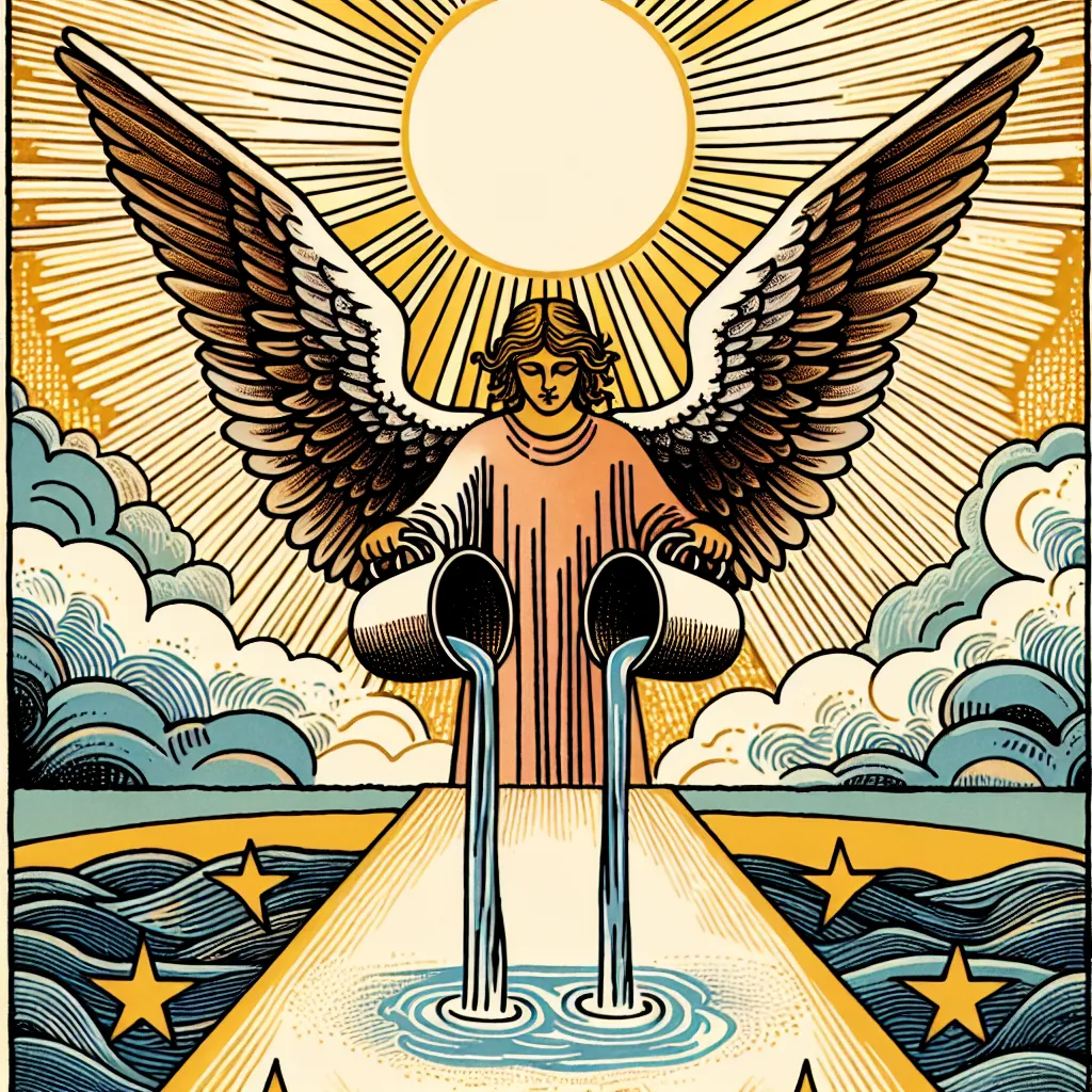 Generate an image with classic tarot symbolism combined with visual elements that represent balance. It should depict an angel mixing water between two cups, with one foot in water and one on land, symbolizing harmony and equilibrium. There are no human figures in the image. The backdrop includes a brightly shining sun, while the foreground contains a path that signifies a journey inspired by stoic philosophy. The visual elements should evoke a sense of calm and wisdom.