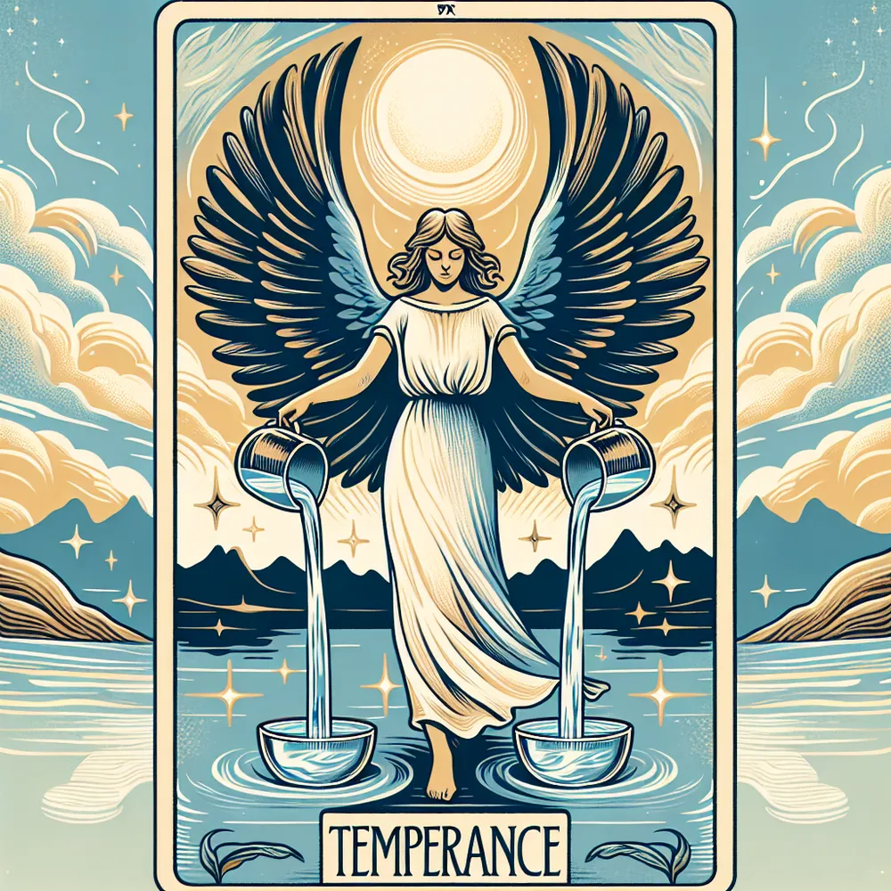 Create an illustration of the Temperance tarot card. Feature a serene angelic figure blending water between two cups, symbolizing balance and harmony. The angel stands with one foot on the land and one in the water, showcasing a connection between earth and emotions. The backdrop is a tranquil landscape with a rising sun, reflecting themes of moderation and tranquility. Use a color palette of soft blues, whites, and golds to evoke a sense of peace and equilibrium.