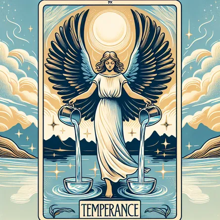 Create an illustration of the Temperance tarot card. Feature a serene angelic figure blending water between two cups, symbolizing balance and harmony. The angel stands with one foot on the land and one in the water, showcasing a connection between earth and emotions. The backdrop is a tranquil landscape with a rising sun, reflecting themes of moderation and tranquility. Use a color palette of soft blues, whites, and golds to evoke a sense of peace and equilibrium.