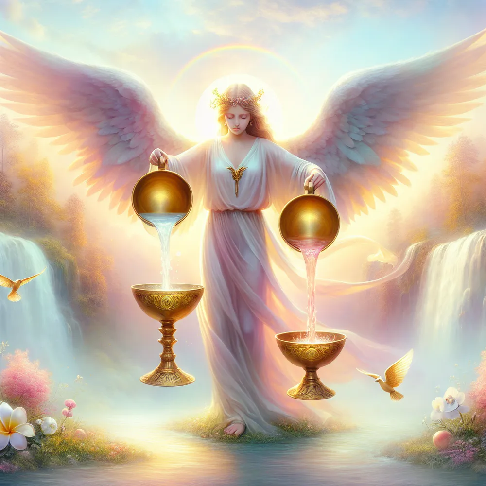 Create a serene and mystical image of Temperance, showcasing an angelic figure gracefully pouring liquid between two golden chalices, surrounded by a tranquil natural setting. The figure should exude harmony and balance, with soft pastel colors of the dawn sky and a gentle waterfall in the background. Symbolic elements like blooming flowers and a rainbow should enhance the sense of peace and moderation, capturing the essence of balanced energies and the harmonious flow of life.