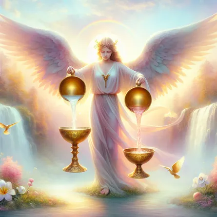 Create a serene and mystical image of Temperance, showcasing an angelic figure gracefully pouring liquid between two golden chalices, surrounded by a tranquil natural setting. The figure should exude harmony and balance, with soft pastel colors of the dawn sky and a gentle waterfall in the background. Symbolic elements like blooming flowers and a rainbow should enhance the sense of peace and moderation, capturing the essence of balanced energies and the harmonious flow of life.