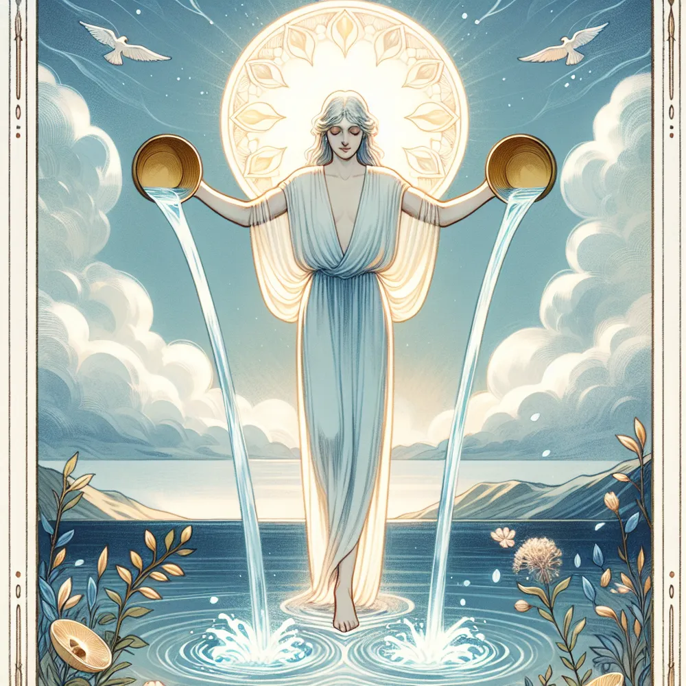 Create an image of the Temperance tarot card showing an ethereal figure blending two streams of water from chalices, symbolizing balance and harmony. The figure stands gracefully with one foot on land and one in water, symbolizing connection between the physical and spiritual worlds. The background features a serene landscape with a peaceful horizon and gentle natural elements, embodying the essence of moderation and tranquility. The color palette should be soft and harmonious, reflecting calmness and equilibrium.