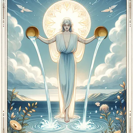Create an image of the Temperance tarot card showing an ethereal figure blending two streams of water from chalices, symbolizing balance and harmony. The figure stands gracefully with one foot on land and one in water, symbolizing connection between the physical and spiritual worlds. The background features a serene landscape with a peaceful horizon and gentle natural elements, embodying the essence of moderation and tranquility. The color palette should be soft and harmonious, reflecting calmness and equilibrium.