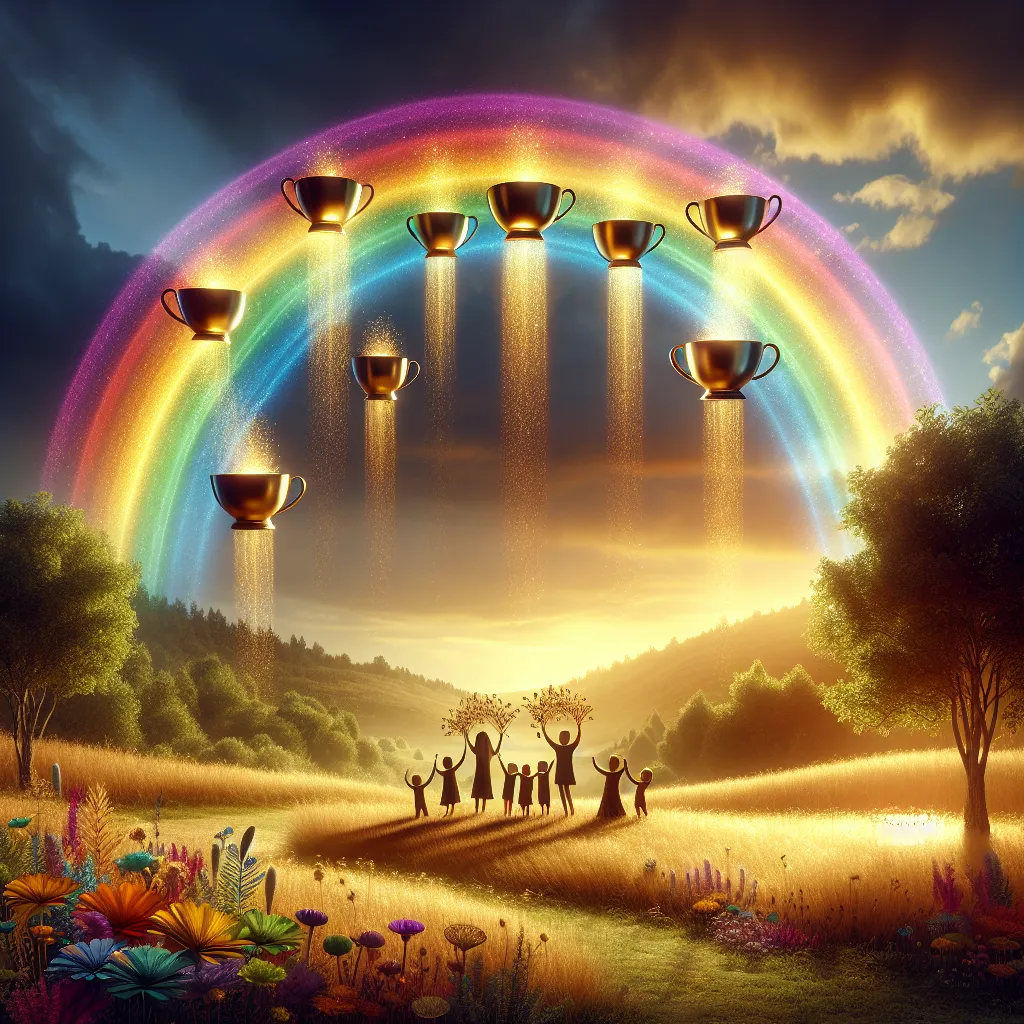 Create a visually vibrant and joyful celebration occurring beneath a rainbow created by ten cups cascading gold light, embodying emotional prosperity and the joy of family, staged amidst a serene meadow. The scene is further enhanced by the comforting rays of the setting sun casting a warm illumination over the area.