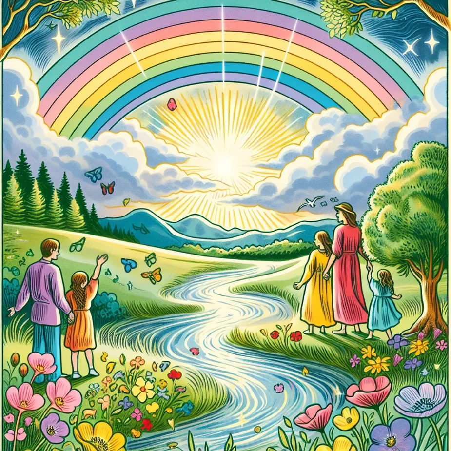 Create an illustration of the Ten of Cups tarot card. Depict a serene, vibrant landscape with a rainbow arching across the sky. Beneath the rainbow, show a joyful family scene with parents and children holding hands, representing unity and emotional fulfillment. Include a river flowing gently nearby and lush greenery, symbolizing abundance and harmony. The setting should evoke a feeling of warmth and contentment, encapsulating the essence of happiness and gratitude.