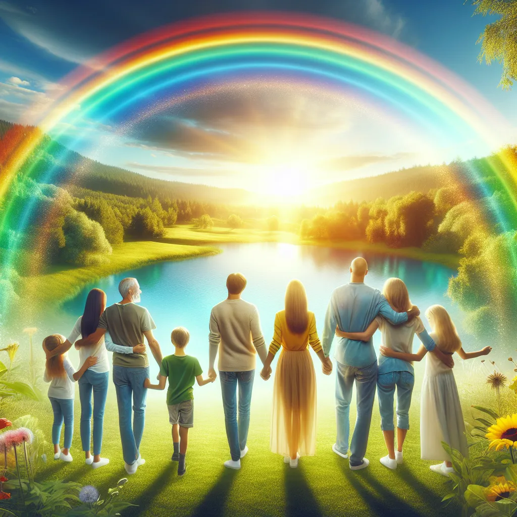 Create a vivid and harmonious scene featuring a rainbow arched over a serene landscape with a happy, diverse family or group of people gathered together in celebration. They are outdoors in a lush, green environment, feeling a deep sense of joy and contentment. Include a backdrop of a picturesque lake or field, with the golden glow of a setting sun casting warm light over the scene. The focus is on togetherness and fulfillment, evoking feelings of happiness, unity, and emotional harmony.