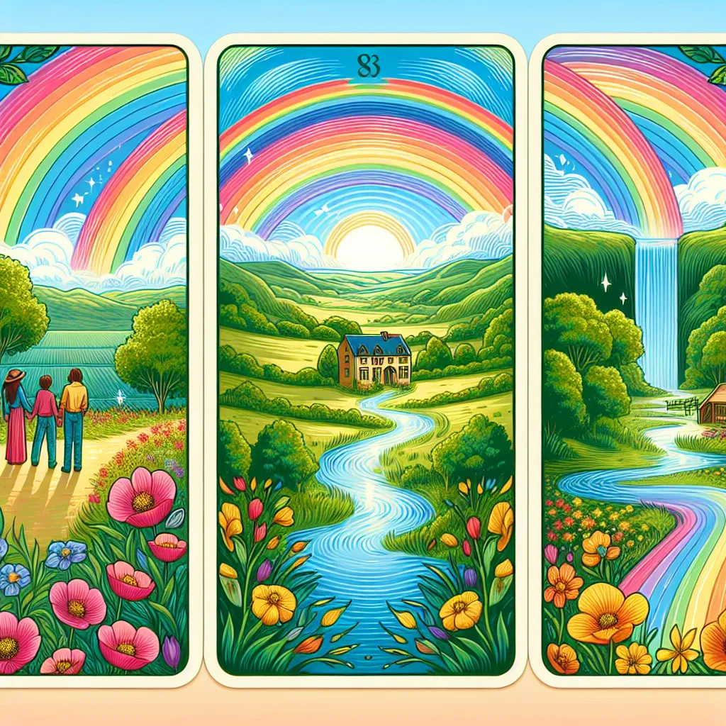 Create a vivid and serene illustration depicting the classic Ten of Cups tarot card. Imagine a vibrant, picturesque landscape with a rainbow arcing across a clear blue sky. Below, a harmonious family stands together in a lush, green valley, symbolizing joy and unity. The scene includes a flowing river and a quaint home in the distance, emphasizing themes of fulfillment and happiness. Use a palette of bright, warm colors to convey a sense of peace and emotional abundance.