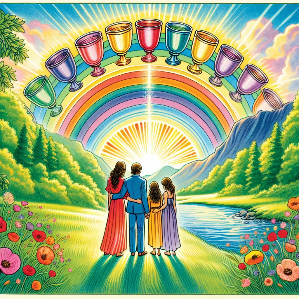 Create a colorful and harmonious scene depicting the Ten of Cups tarot card: a loving family standing together in a lush, green meadow under a vivid rainbow of ten cups. Include a serene river flowing nearby and mountains in the distance, with warm sunlight casting a joyful glow over the scene. The atmosphere should evoke feelings of fulfillment, happiness, and unity, capturing the essence of domestic bliss and emotional contentment.
