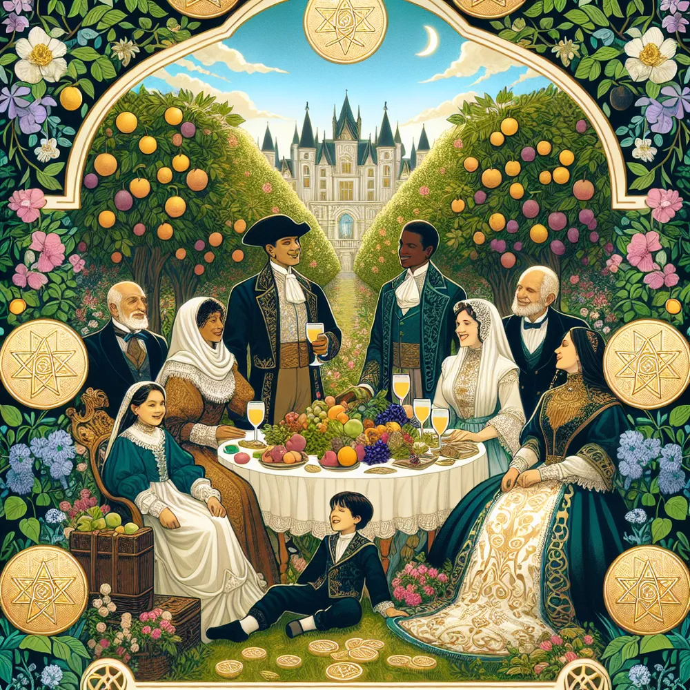Create a digital artwork of the Ten of Pentacles tarot card. Illustrate a harmonious family gathering in a grand, lush garden filled with verdant foliage, blossoming flowers, and ripe fruit trees. Show a multi-generational family composed of a Hispanic grandfather, a Black grandmother, a Middle Eastern mother, a South Asian father, and their Caucasian child dressed in timeless clothing, joyfully interacting with each other, symbolizing abundance and legacy. Include symbols of wealth such as castles or treasures subtly in the background. The scene should evoke feelings of prosperity, fulfillment, and lasting connections, with a golden pentacle pattern subtly present in the design.