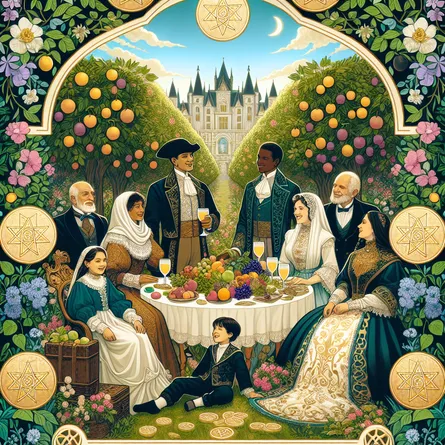 Create a digital artwork of the Ten of Pentacles tarot card. Illustrate a harmonious family gathering in a grand, lush garden filled with verdant foliage, blossoming flowers, and ripe fruit trees. Show a multi-generational family composed of a Hispanic grandfather, a Black grandmother, a Middle Eastern mother, a South Asian father, and their Caucasian child dressed in timeless clothing, joyfully interacting with each other, symbolizing abundance and legacy. Include symbols of wealth such as castles or treasures subtly in the background. The scene should evoke feelings of prosperity, fulfillment, and lasting connections, with a golden pentacle pattern subtly present in the design.
