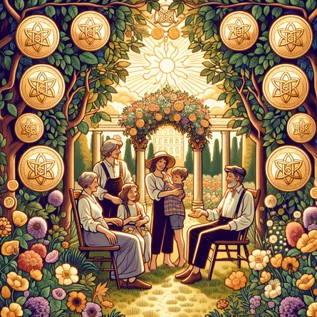 Create an intricate illustration of the Ten of Pentacles tarot card. Depict a harmonious family scene in a lush garden, with multi-generational figures enjoying the moment. There should be an archway adorned with ten pentacles, symbolizing legacy and wealth. Capture the essence of fulfillment and the richness of familial bonds, with elements of nature like trees and flowers adding depth and vibrancy to the scene. Use warm, inviting colors to evoke a sense of comfort and abundance.