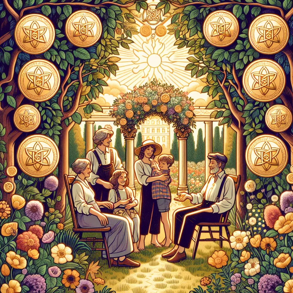 Create an intricate illustration of the Ten of Pentacles tarot card. Depict a harmonious family scene in a lush garden, with multi-generational figures enjoying the moment. There should be an archway adorned with ten pentacles, symbolizing legacy and wealth. Capture the essence of fulfillment and the richness of familial bonds, with elements of nature like trees and flowers adding depth and vibrancy to the scene. Use warm, inviting colors to evoke a sense of comfort and abundance.