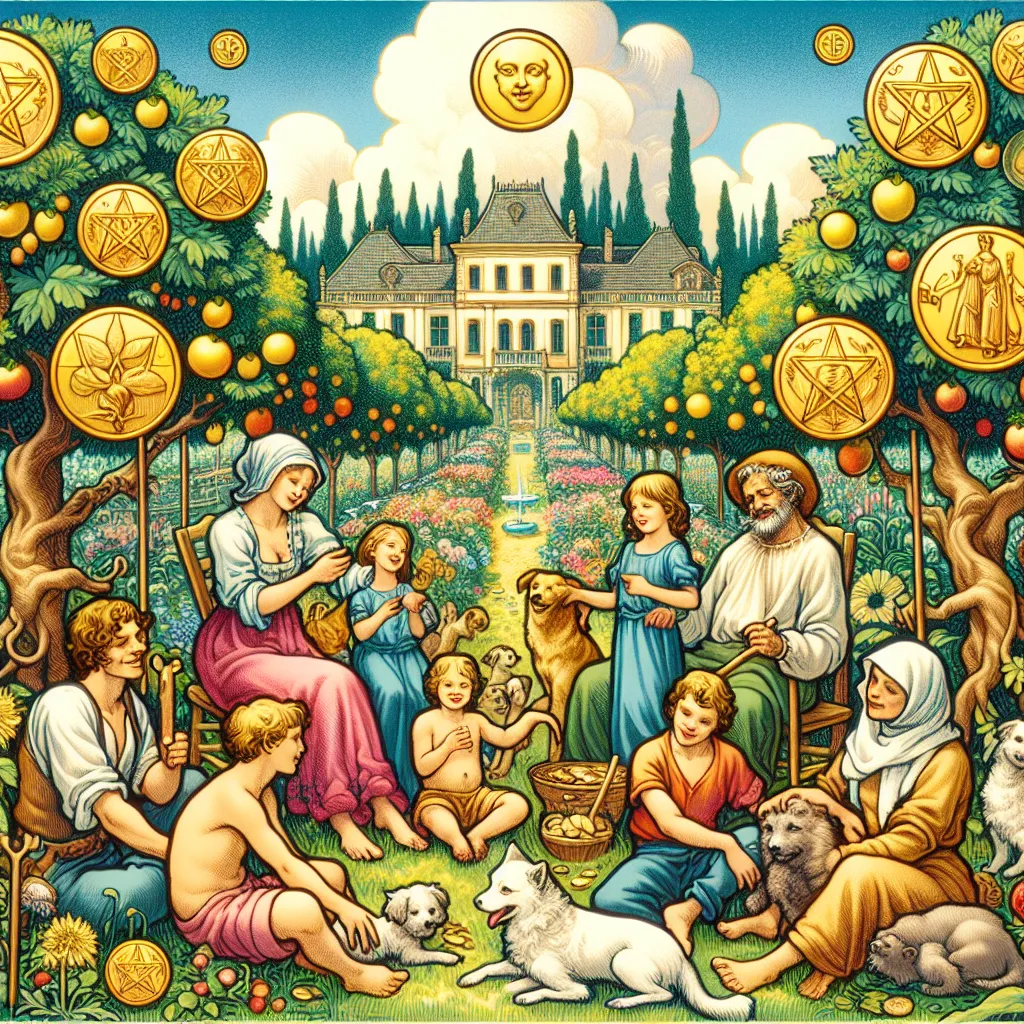 Create an illustration of the Ten of Pentacles tarot card featuring a multigenerational family gathered in a lush garden setting. Include symbols of wealth and legacy, such as coins, an ancient family tree, and a sprawling mansion in the background. The scene should be rich in detail and vibrant in color, reflecting abundance and a sense of continuity. Emphasize a harmonious familial connection, with grandparents, parents, and children interacting joyfully as pets play around them. Capture a timeless and classical aesthetic reminiscent of a Renaissance painting.