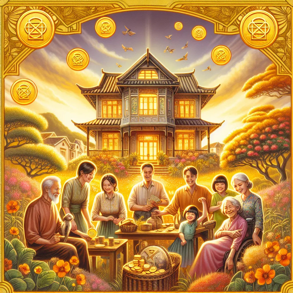 Create a vibrant and timeless scene depicting the Ten of Pentacles: A multigenerational family gathered in the foreground of an ancestral home surrounded by lush gardens, symbolizing wealth, legacy, and familial bonds. The setting is warm and inviting with golden hues, capturing the essence of long-term success and prosperity. Elderly figures, parents, and children are joyfully interacting, with a sense of continuity and shared history. Include symbols of abundance, such as coins or pentacles, subtly embedded within the composition.