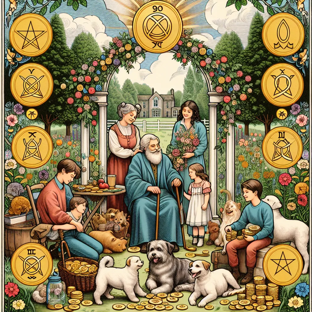 Create an image of the Ten of Pentacles tarot card depicting a harmonious scene of financial and emotional abundance. Include a wise, elderly figure surrounded by a happy multigenerational family, with children and pets, amidst a backdrop of a lush garden. Showcase symbols of wealth and legacy, such as a family crest, pentacle coins, and an archway representing cycles of life. The scene should emanate warmth, contentment, and the passing of wisdom across generations, with a classical tarot aesthetic.