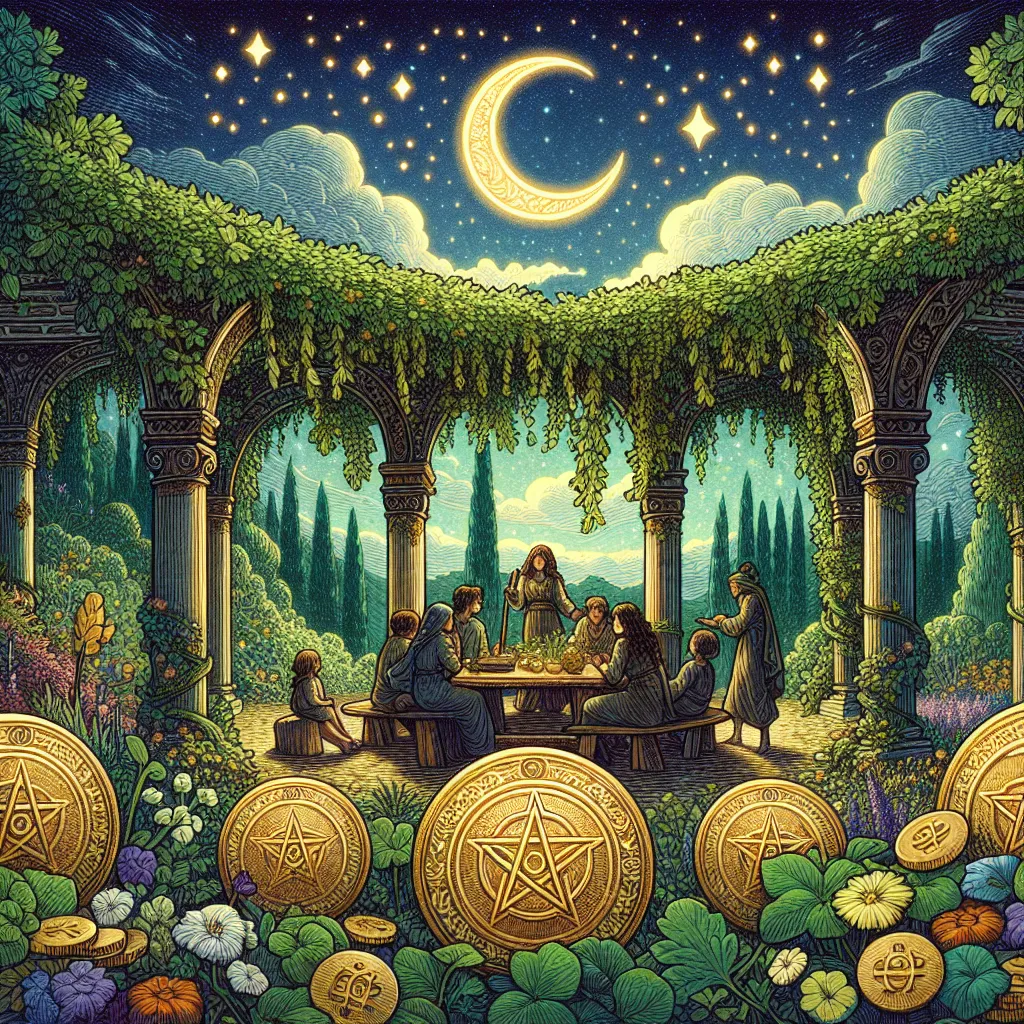 Create an intricate and detailed digital illustration of the Ten of Pentacles tarot card. The scene should depict a harmonious family gathering in a lush, abundant garden under a starlit sky. Highlight elements of an old, grand archway covered in vines in the background, symbolizing legacy and security. Include coins with pentacle symbols integrated naturally in the environment, signifying wealth and stability. The atmosphere should feel warm, inviting, and timeless, emphasizing connection, prosperity, and the richness of familial bonds.