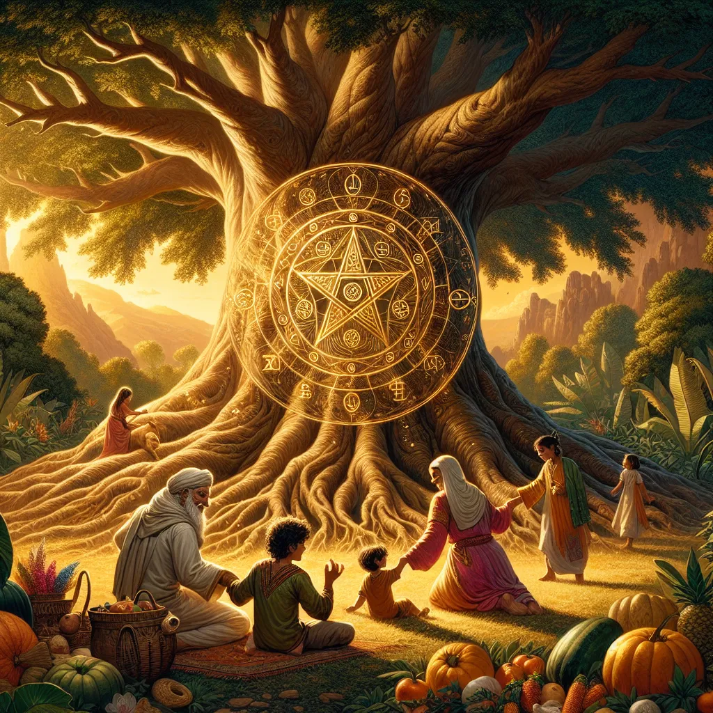 Illustrate a majestic scene featuring a grand, ancient tree whose roots and branches intertwine to form a circle symbolizing unity and legacy. Envision ten pentacles hidden among the lush foliage, gleaming under the golden sunlight. Beneath the tree, depict a Middle-Eastern elderly male and South Asian young female playing with a Caucasian toddler, surrounded by symbols of prosperity like abundant harvests and ancestral heirlooms, representing wealth and heritage. Include a Hispanic young man and a Black middle-aged woman enjoying the emotional warmth while under the shade of the tree. The ambiance should evoke abundance, connection, and timelessness.