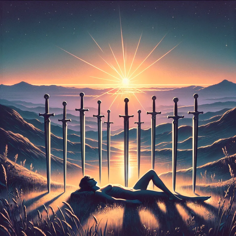 Create an evocative and symbolic image of the Ten of Swords tarot card. Depict a serene landscape at dawn, with a figure lying gracefully on a hill, surrounded by ten mystical swords gently placed behind them, symbolizing endings and release. The horizon should suggest the first light of a new day, signifying hope and renewal. The scene should blend elements of stoic resilience and introspective calmness, inviting reflection and contemplation.