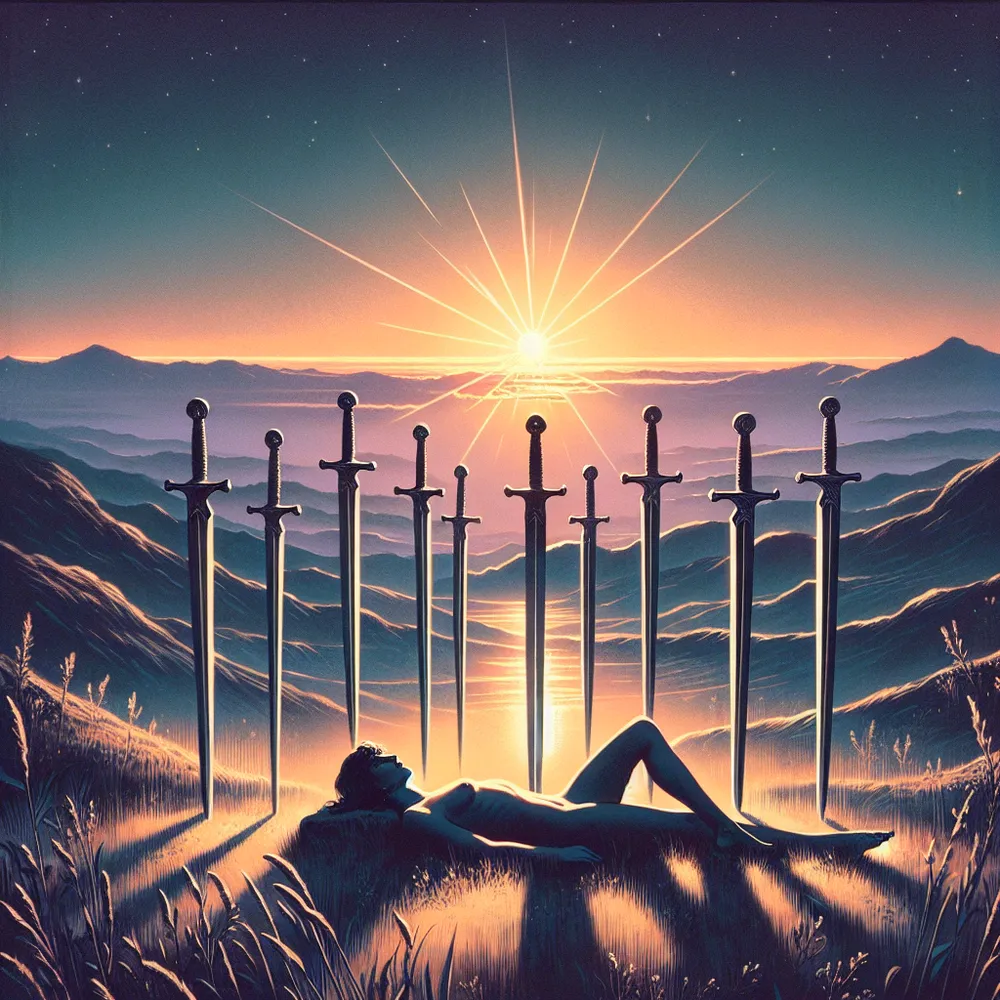 Create an evocative and symbolic image of the Ten of Swords tarot card. Depict a serene landscape at dawn, with a figure lying gracefully on a hill, surrounded by ten mystical swords gently placed behind them, symbolizing endings and release. The horizon should suggest the first light of a new day, signifying hope and renewal. The scene should blend elements of stoic resilience and introspective calmness, inviting reflection and contemplation.
