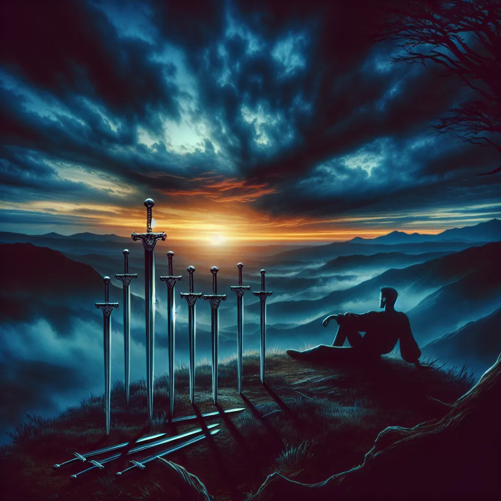 Create an artistic depiction of the Ten of Swords tarot card. The scene features a dramatic, twilight landscape where a figure lies on a hill, gazing towards the horizon. Ten swords are gently placed around them, symbolizing endings and new beginnings. The sky transitions from shadowy blues to promising dawn hues, conveying a sense of closure and renewal. The atmosphere is both somber and hopeful, capturing the essence of transformation and rebirth.