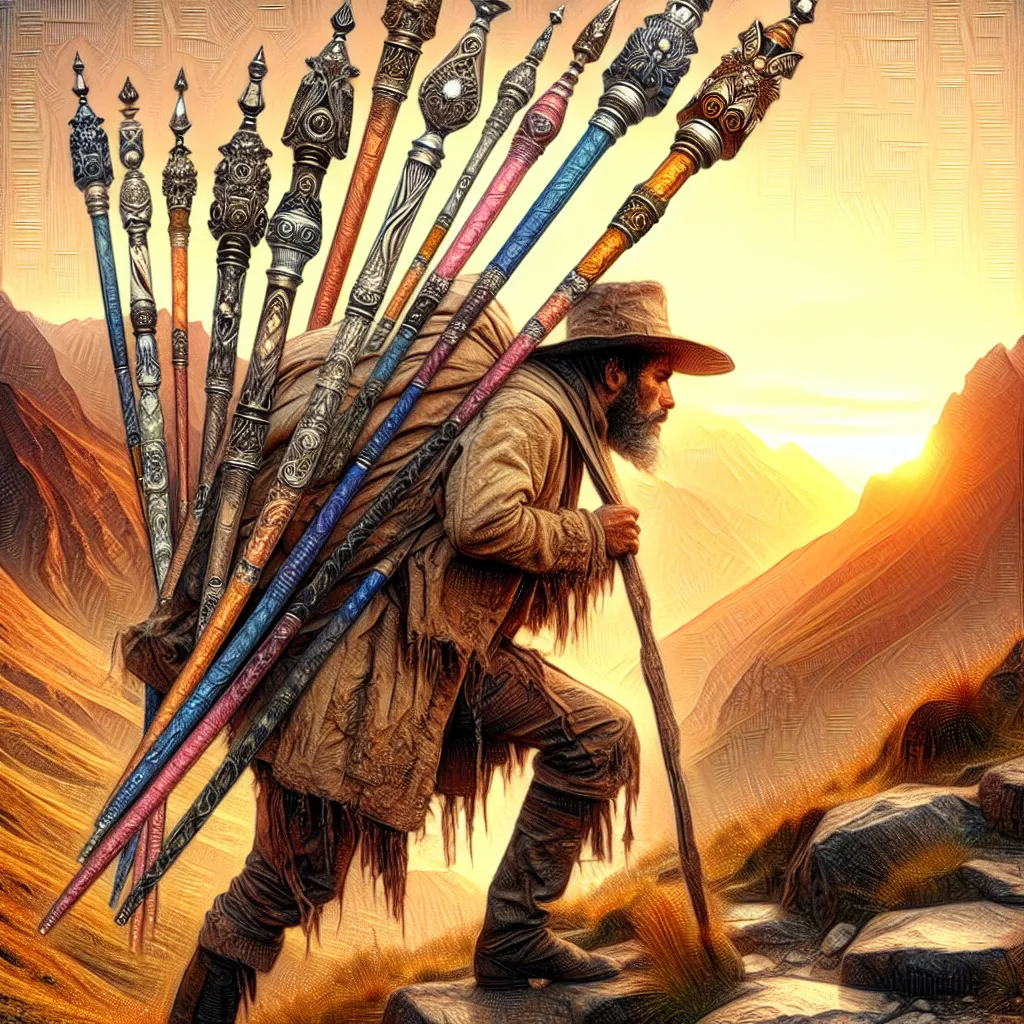 Create a detailed picture of a rugged Hispanic male traveler, clad in worn-out clothes suitable for long journeys. This solitary adventurer is hunched under the weight of ten complexly decorated wands. Each wand is distinctly ornate, showcasing unique carvings and precious stones which may hint at their mystical properties. He is wearily trudging up a challenging path that winds through rough, rocky mountains. The first light of dawn fights its way through the peaks, creating a panoramic scene filled with hues of oranges and pinks. This overall scene symbolizes challenge, burden, and the will to endure.