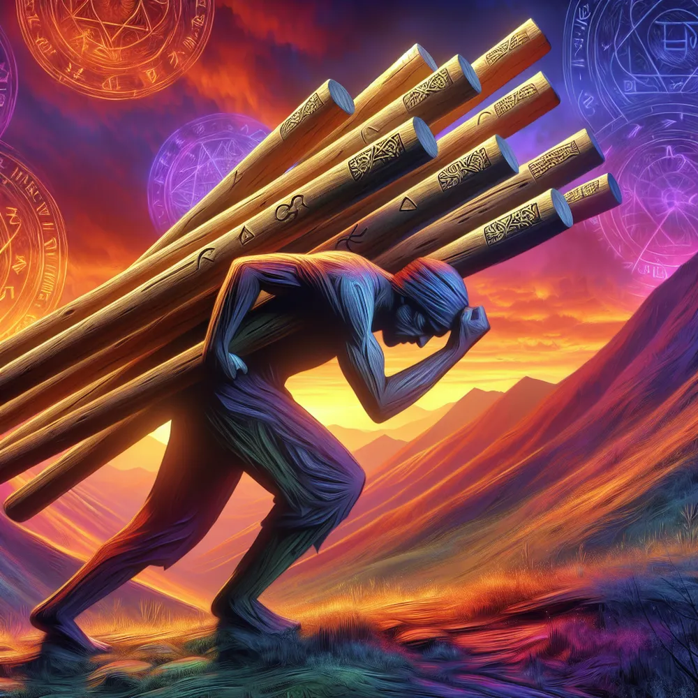 Create an image of a weary figure struggling to carry ten large wooden wands in a vibrant landscape. The figure should appear determined yet burdened, set against a sunset sky with hues of orange and purple. Symbolize the weight of responsibility with intricate details on the wands, such as carved patterns and glowing runes. Include elements of stoicism, like philosophical symbols subtly etched into the background hills, to evoke contemplation and inner strength.