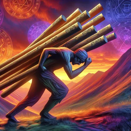 Create an image of a weary figure struggling to carry ten large wooden wands in a vibrant landscape. The figure should appear determined yet burdened, set against a sunset sky with hues of orange and purple. Symbolize the weight of responsibility with intricate details on the wands, such as carved patterns and glowing runes. Include elements of stoicism, like philosophical symbols subtly etched into the background hills, to evoke contemplation and inner strength.