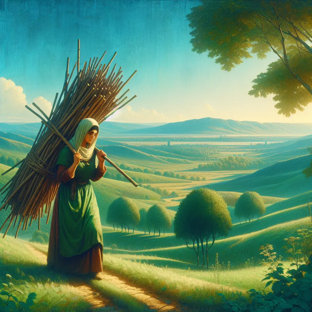 Create an image of a Middle-Eastern woman in a serene, pastoral landscape. The woman is a traveler, depicted carrying a large bundle of sticks on her back, symbolizing the burden of responsibilities. The landscape is lush and green, with distant rolling hills under a clear blue sky. The woman’s expression should reflect determination and perseverance, embodying the struggle and strength needed to carry her load with dignity.