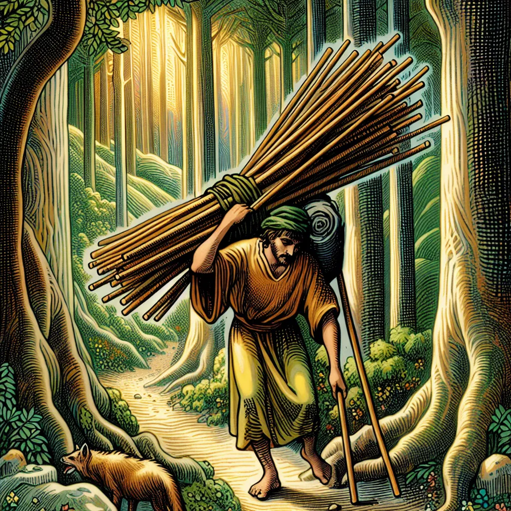 Create an intricate tarot card illustration of the Ten of Wands. Show a weary, yet determined, Middle-Eastern man carrying a heavy bundle of ten wooden wands on his back, walking through a winding path in a dense forest. The background is rich with green foliage and dappled sunlight filtering through tall trees, symbolizing the weight of responsibility and perseverance. The character's expression reflects a blend of commitment and fatigue, emphasizing the theme of burdens and challenges. The scene captures both the complexity and beauty of handling life's responsibilities.