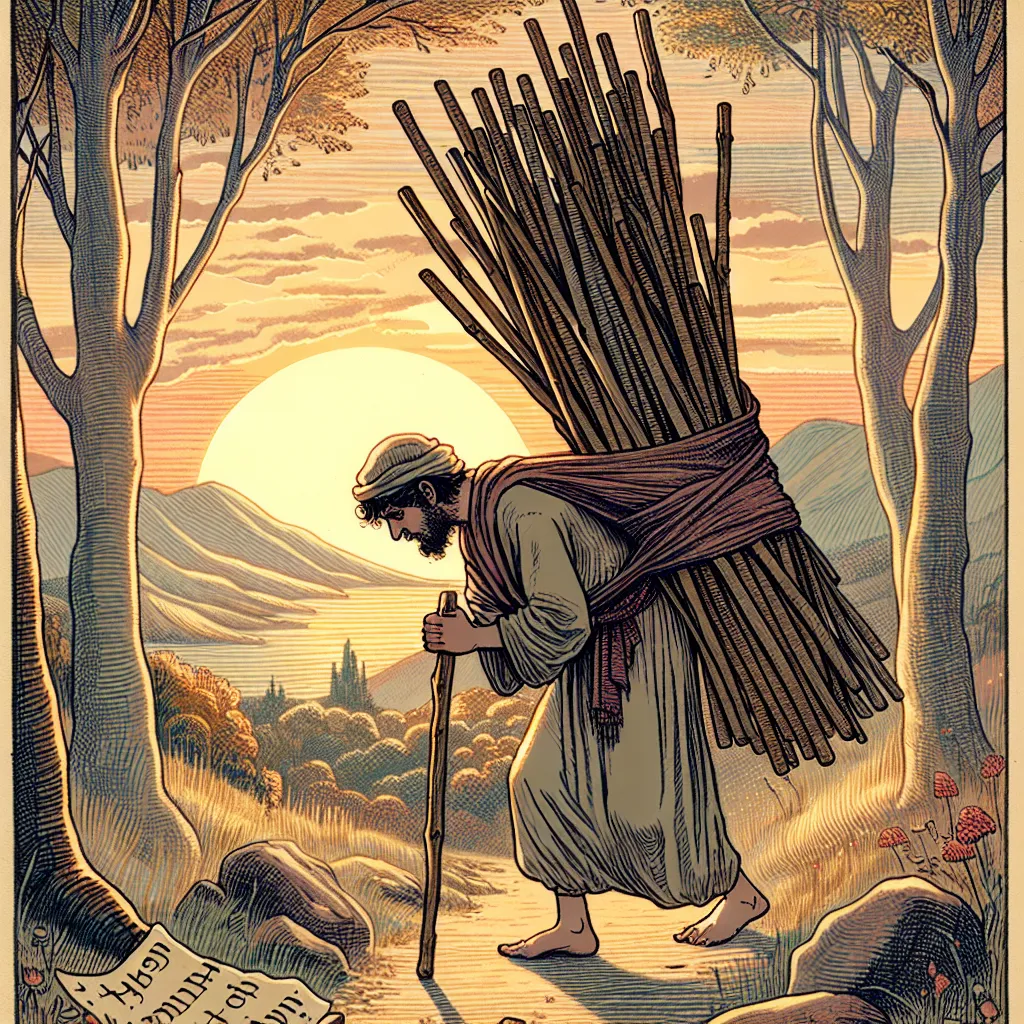 Create a detailed illustration of the Ten of Wands tarot card. Depict a Middle-Eastern man, hunched forward under the heavy weight of a large bundle of sticks on his back. He's walking along a path surrounded by a serene natural landscape. The background features a dusky sunset, casting warm, golden hues across the scene. Incorporate elements of stoic philosophy, such as a small scroll or quote fragment from Seneca, subtly integrated into the foreground, symbolizing wisdom and reflection.
