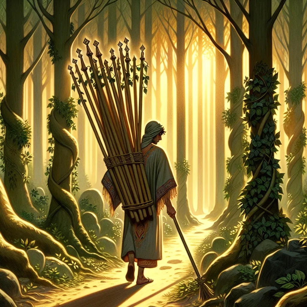 Create an image of a person walking through a dense, mystical forest, carrying ten large wands on their back. The wands are decorated with vines and leaves, symbolizing growth and responsibility. The person appears determined yet burdened, he has a Middle-Eastern descent and is male. The golden sunlight filters through the trees, casting shadows and illuminating their path. The scene captures the essence of burden and perseverance, reflecting the theme of the Ten of Wands in tarot.