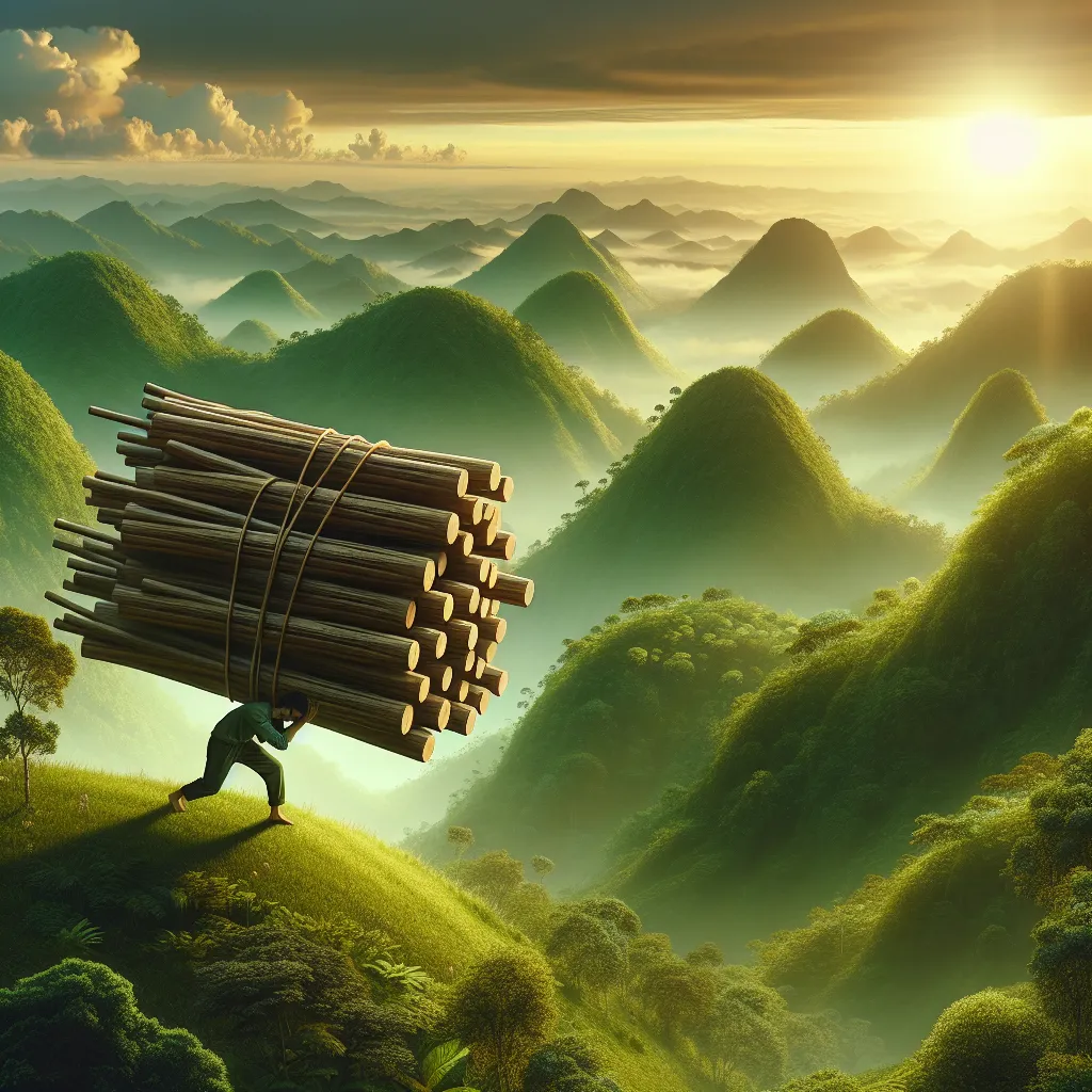 Create a detailed scene of a person struggling to carry ten large, wooden wands through a lush, verdant landscape. The person is depicted with a determined expression, under the weight of the wands, which symbolize the burdens and responsibilities they carry. In the background, a rising sun casts golden light over the landscape, suggesting hope and potential amidst the struggle. The scene should convey the themes of burden, resilience, and the perseverance required to overcome challenges.