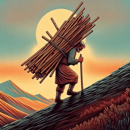 Illustration of a weary figure carrying a heavy bundle of ten wooden wands on their back, walking up a winding path with determination. The figure, a Caucasian man in his middle ages, is dressed in simple but rugged clothing. He is set against a sunset backdrop, symbolizing both the end of a long journey and the promise of a new beginning. The landscape is a blend of vibrant earthy tones, radiating an aura of resilience and struggle and capturing the essence of overcoming burdens.