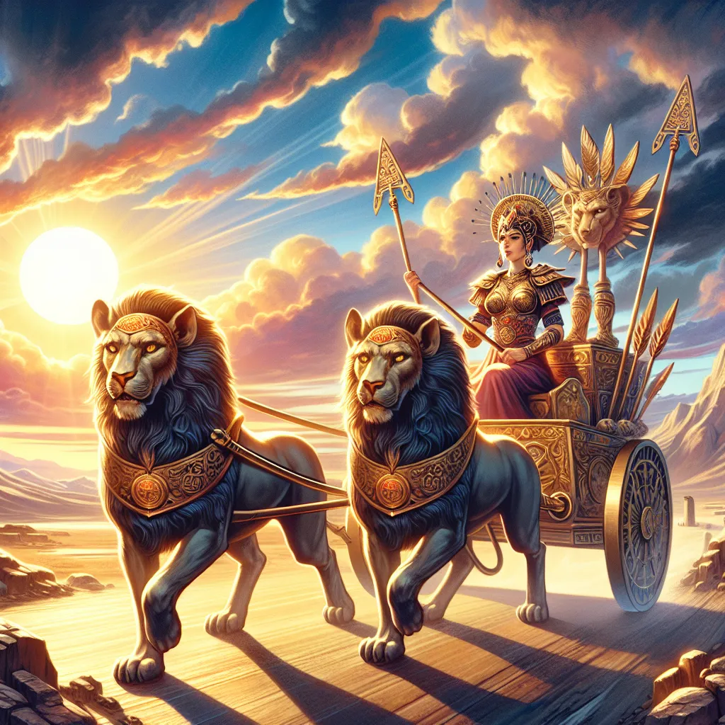 Create an artistic and vibrant depiction of The Chariot tarot card scene. Illustrate an East Asian female charioteer in ancient warrior attire, steering a majestic chariot pulled by two contrasting sphinxes along a vast, open terrain. The background should be an expansive sky with a glowing sunrise, symbolizing hope and direction. The overall mood should convey strength, focus, and the balance of opposing forces, embodying the essence of determination and willpower from classical tarot imagery.
