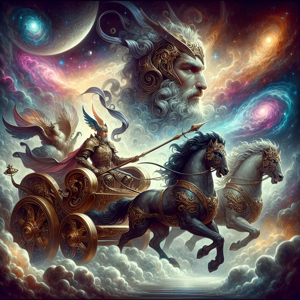Create an image of a powerful, stoic warrior in full armor commanding a grand chariot pulled by two mystical creatures—one dark and one light—symbolizing opposing forces. The warrior exudes immense focus and determination, steering the chariot through a cosmic landscape filled with swirling galaxies and ethereal clouds. The scene conveys triumph, control, and an unyielding sense of direction, blending elements of classical tarot imagery with mystical and fantastical elements.
