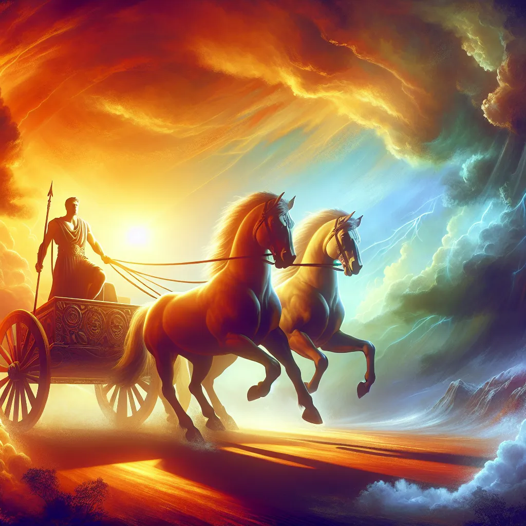 Create a majestic scene of a charioteer guiding a grand chariot through a vibrant landscape. The chariot, drawn by two dynamic horses, symbolizes control and determination. The charioteer, embodying confidence and focus, stands strong, grasping the reins, with the sun casting a golden hue over the scene. Behind them, an ethereal sky highlights both sunrise and sunset hues, symbolizing the unity of dual forces. The overall atmosphere should evoke themes of victory, self-control, and the triumph of willpower.