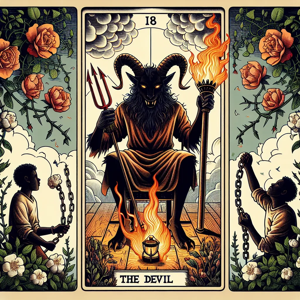Create an illustration of The Devil tarot card. The image should feature a horned character seated and holding a fiery torch, signifying dominion and power. Additionally, portray two characters in chains, representing both their emotional and physical restrictions, each of diverse descent - one being of Caucasian descent, and the other of Hispanic descent, in a balanced distribution. Maintain an ominous atmosphere suggestive of potential liberation. Embellish the background with climbing wild roses and prickly stems, symbolizing growth and potential freedom. Stay true to traditional tarot aesthetics. The art style should combine intensiveness, illustrative elements, and mystical undertones, akin to  pre-1912 era tarot art.