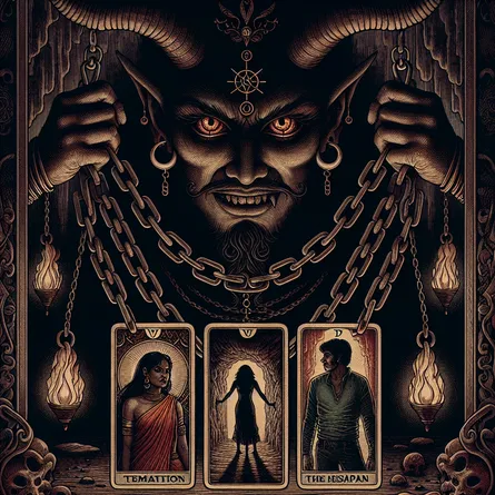 An artistic depiction of a traditional tarot card: The Devil. The image features a menacing yet intriguing figure symbolizing temptation and ego, with intricate chains binding two human figures below. One figure is a South Asian woman and the other a Hispanic man, symbolizing diversity. The background is a shadowy cave with a flickering, ambient light casting mysterious shadows. The Devil's eyes hint at hidden wisdom, emphasizing inner liberation and the struggle against self-imposed limitations. Rendered in a classic tarot card illustration style with rich, dark colors and intricate details.