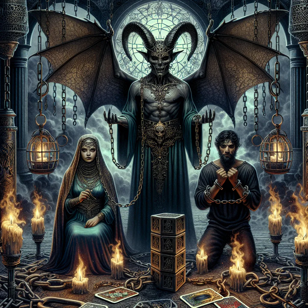 Create a detailed tarot card scene illustrating The Devil, featuring a central, imposing figure with horns and bat wings. The environment is dark yet opulent, filled with chains and smoldering torches. In the foreground, depict two figures representing humanity, one a Middle-Eastern woman and the other a Hispanic man, both loosely shackled, conveying a sense of illusion and temptation. The setting should evoke a sense of entrapment and allure, with a classic, mystical tarot style.