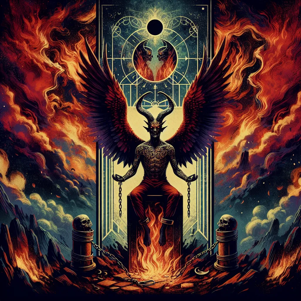 Create an artistic rendering of the tarot card 'The Devil.' Depict a traditional tarot scene featuring The Devil card imagery: a horned, anthropomorphic figure with wings, sitting atop a half-throne amidst dark, infernal surroundings. Capture a sense of temptation and allure with two shackled figures, suggesting the themes of bondage and materialism. Use a dark and mystical color palette emphasizing shadows and fiery elements to invoke both curiosity and caution, reflecting the balance of power and entrapment.