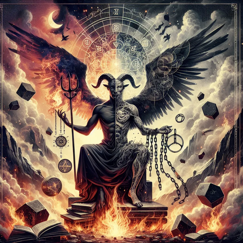 Create an intricate tarot card illustration of The Devil with elements of temptation, chains, and liberation, infused with an ethereal mystic aura. The backdrop is a dramatic landscape merging shadows and light, showcasing a figure who embodies duality through half-human, half-goat features, seated on a throne surrounded by fires of desire and a scattering of broken chains. Include subtle visual cues of wisdom and freedom, such as books, open cuffs, or delicate feathers, to nod at the theme of overcoming inner demons and embracing true self-mastery.