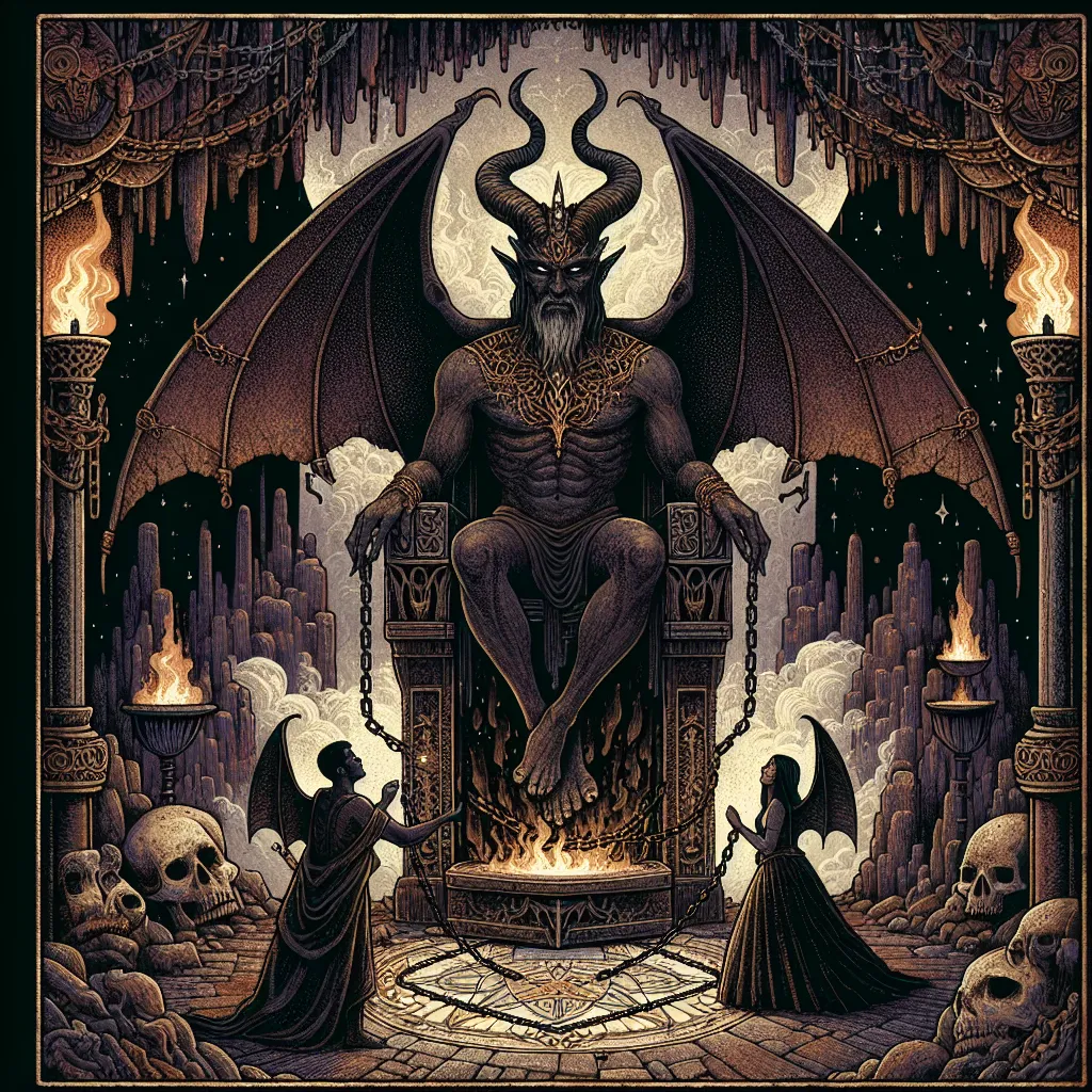 Create an intricate tarot card illustration of The Devil, featuring a mysterious, imposing figure with horns and bat-like wings sitting on a throne of black stone. Chains loosely bind a South Asian male and a Hispanic female standing before him, symbolizing self-imposed limitations. The background depicts a dimly-lit cavern with flickering torches casting eerie shadows. Emphasize the themes of temptation and empowerment, capturing a sense of both dread and potential liberation. Use dark, rich colors with touches of gold to contrast the sinister yet enlightening narrative.