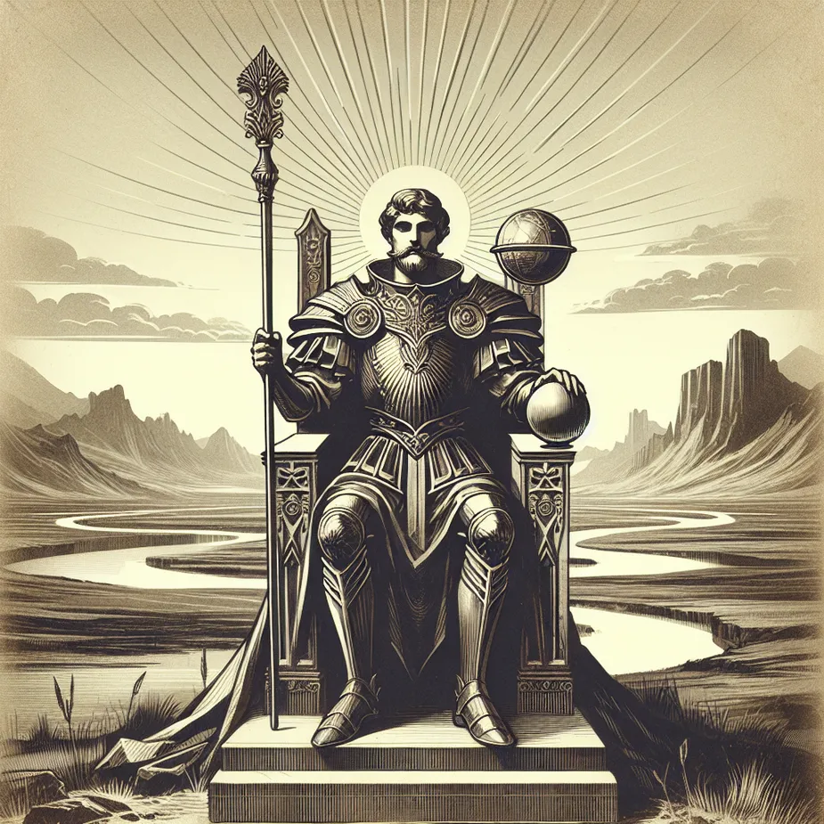 Create an image of a regal, commanding figure seated on a stone throne in a vast, open landscape. The figure represents The Emperor from tarot and wears a suit of ornate armor with a cloak, symbolizing authority and stability. In the background, there are mountains that signify strength and endurance, and a river representing the flow of control. The sky is clear, reflecting clarity and order. The emperor holds a scepter in one hand and a globe in the other, symbolizing power and dominion.