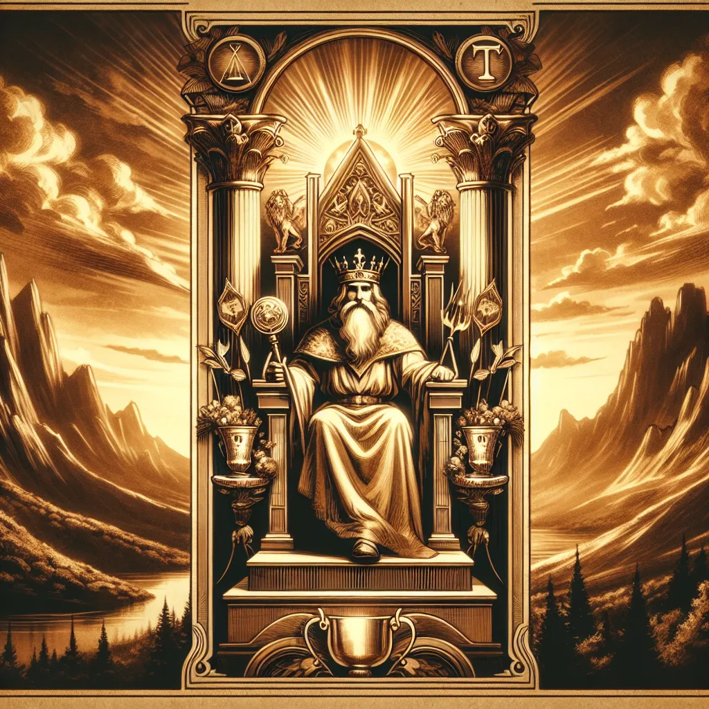 Create an image of The Emperor from a tarot deck: A wise and regal figure seated on a throne, surrounded by symbols of strength and authority like a scepter and a crown. The background features a majestic mountain landscape, symbolizing stability and endurance. The setting is bathed in warm golden light, conveying a sense of power and control, with classic tarot influences of structure and discipline integrated into the scene.