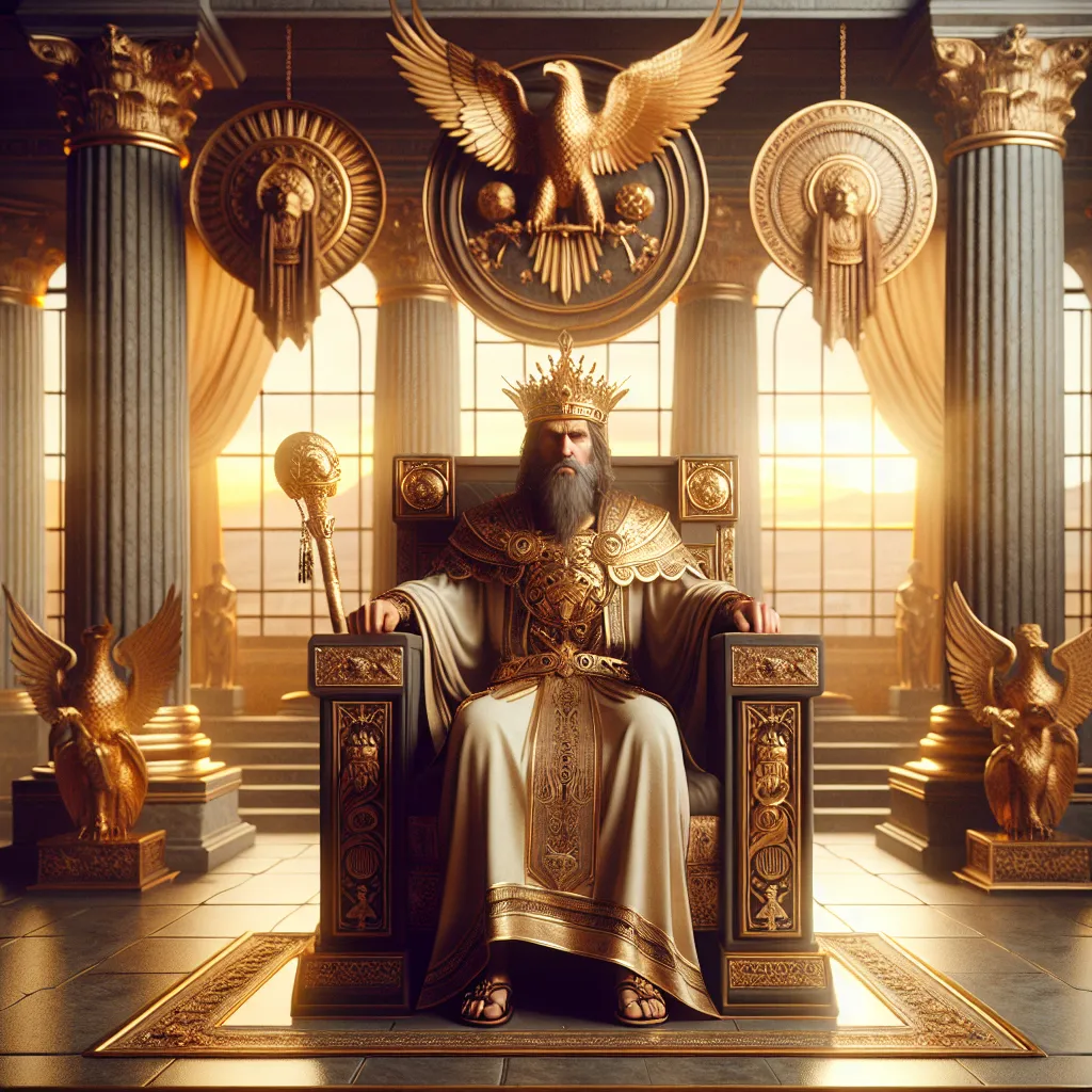 Create an image of a powerful, regal emperor sitting on a throne. The setting is a grand palace room adorned with symbols of authority like eagles, scepters, and shields. The emperor is a wise, dignified figure with a commanding presence and a stern yet compassionate expression. He wears an intricately designed crown and a luxurious robe, exuding an air of discipline and stability reminiscent of ancient Roman emperors. The background shows tall pillars and a distant window through which a golden sunrise illuminates the room, signifying strength and leadership.