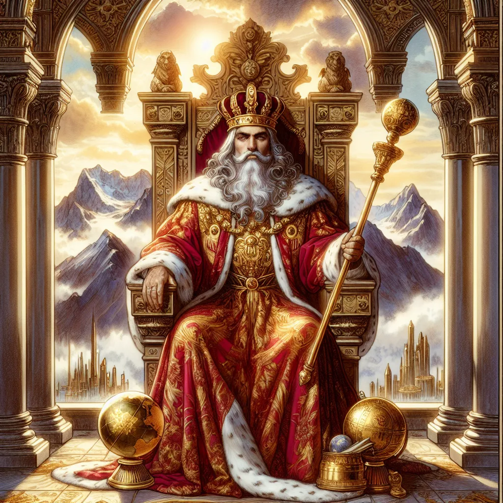 Create an image of The Emperor tarot card: a powerful and authoritative figure seated on a grand, ornate throne made of stone. The Emperor, dressed in regal, red and gold robes, exudes confidence and control. He holds a scepter in one hand and a globe in the other, symbolizing dominion and leadership. His well-defined features display wisdom and commanding presence, framed by a mountainous landscape in the background, symbolizing stability and structure. The scene is bathed in soft golden light, highlighting his role as a ruler.