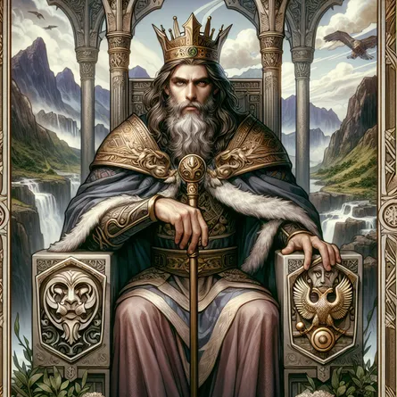 Create an image of a regal and authoritative figure representing 'The Emperor' from tarot. The character is a wise and strong leader, seated majestically on a large stone throne adorned with intricate carvings. He wears a crown and royal robes, embodying power and structure. His expression is calm yet firm, symbolizing control and wisdom. The environment around him is lush, with mountains in the background symbolizing stability and resilience. Incorporate symbols of authority and leadership, like a scepter in his hand and a shield with an eagle emblem resting against the throne. The overall atmosphere should blend a sense of authority with a serene landscape, capturing the essence of order and protection.